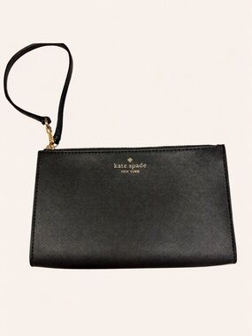 Kate Spade Saffiano Wristlet Black Leather Gold Hardware Interior Pouch Classic